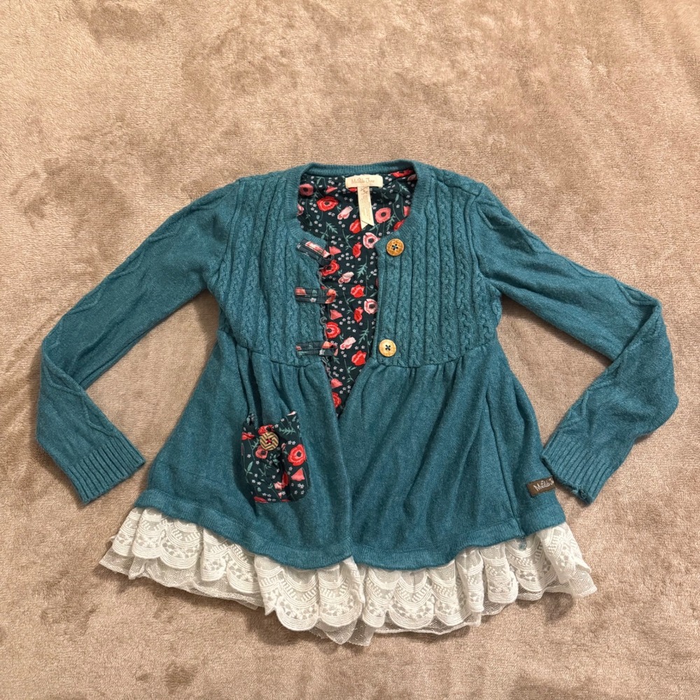 Matilda Jane Girls Teal Blue Cable Knit Lace Trim Floral Peplum Cardigan Size 6